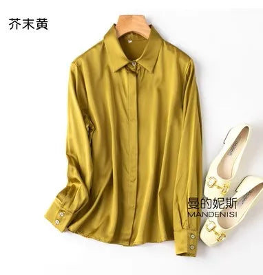 Luxury Satin silk shirt women's long sleeve 93% mulberry silk shirt commuter office lady style for Spring/Summer