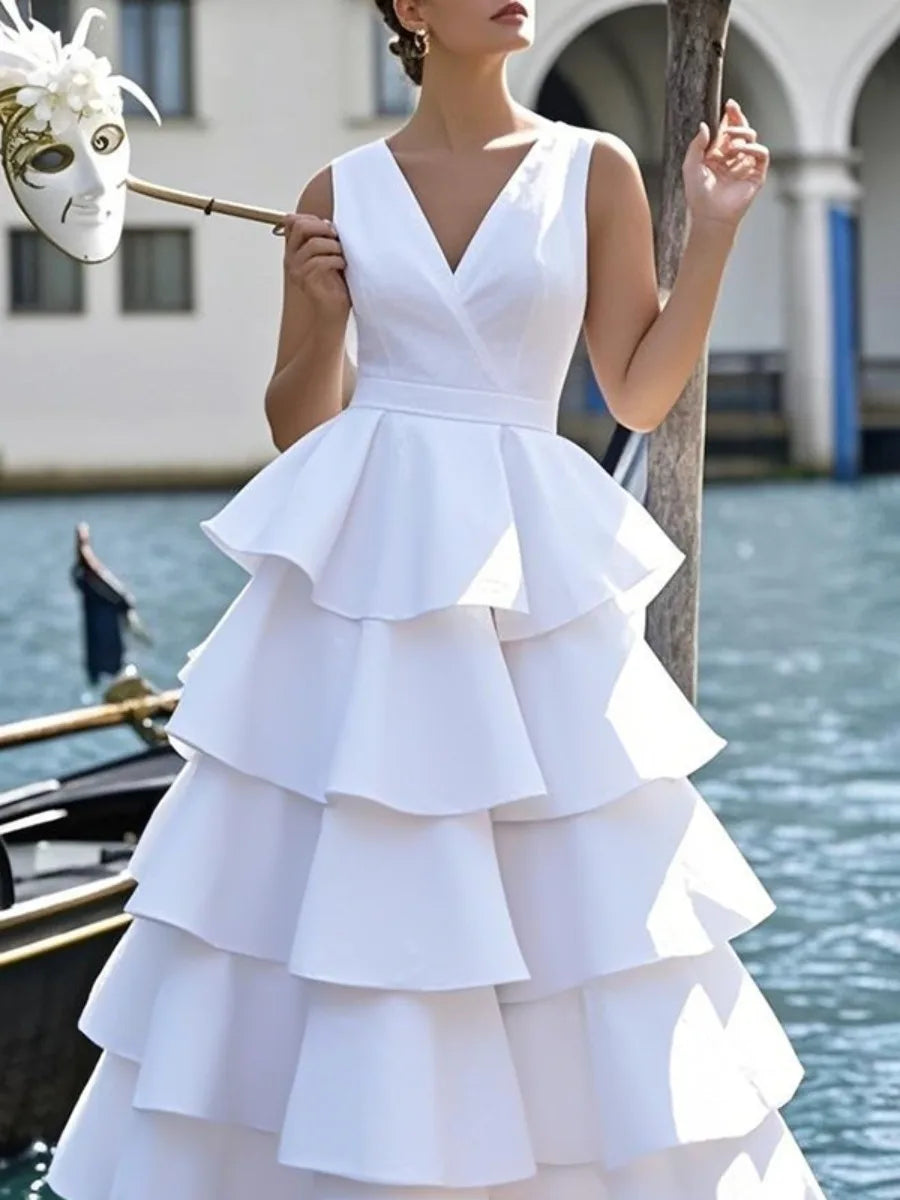Freeacy Women's White Tiered Midi Dress 2026 Summer New Sleeveless V-Neck Layered Ruffle Skirt Formal Wedding Guest Party Gown