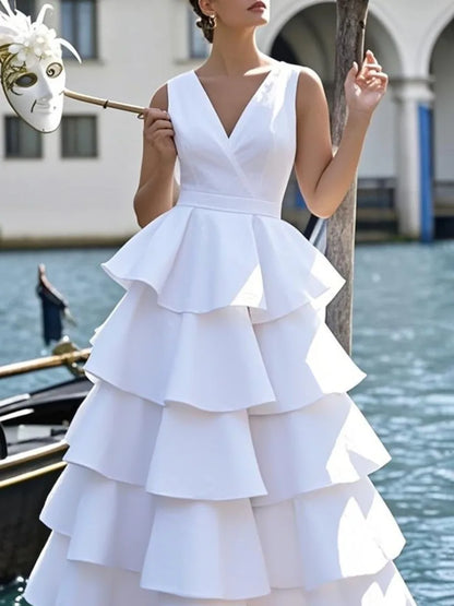 Freeacy Women's White Tiered Midi Dress 2026 Summer New Sleeveless V-Neck Layered Ruffle Skirt Formal Wedding Guest Party Gown