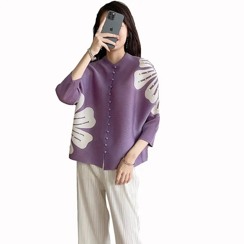 Women's Clothing Miyake Pleats Fashion Cardigan Top Summer Style Loose Fit Batwing Sleeves Printed Shirt Winter Clothes Women