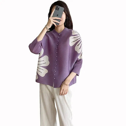 Women's Clothing Miyake Pleats Fashion Cardigan Top Summer Style Loose Fit Batwing Sleeves Printed Shirt Winter Clothes Women