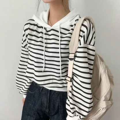 Striped Autumn and Winter Women's Hooded Sweatshirts Thick Hoodies Warm Cold Novelty Korean Clothing Designer Fashion Female Top