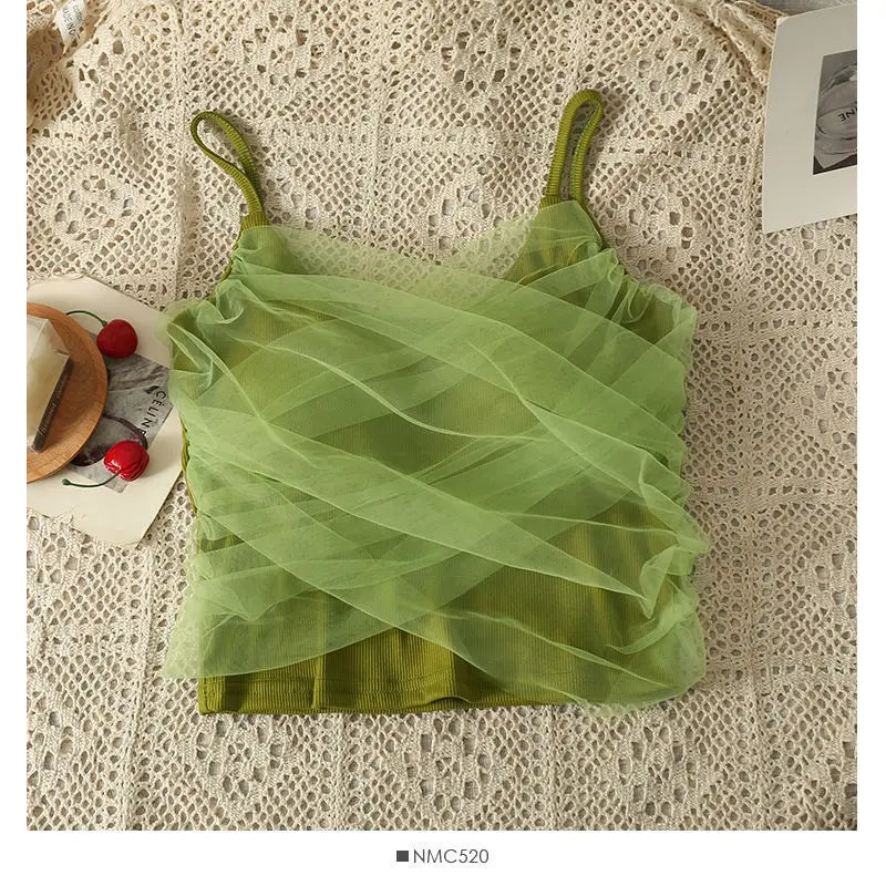 Sexy Mesh Splice Crop Top Backless Design Pure Color Strap Vest for Women Trendy Slimming Short Style Summer Fashion