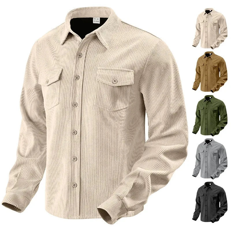 Men's Corduroy Button Down Shirt Casual Long Sleeve Work Shacket with Chest Pockets Fall Winter Fleece Lined Top