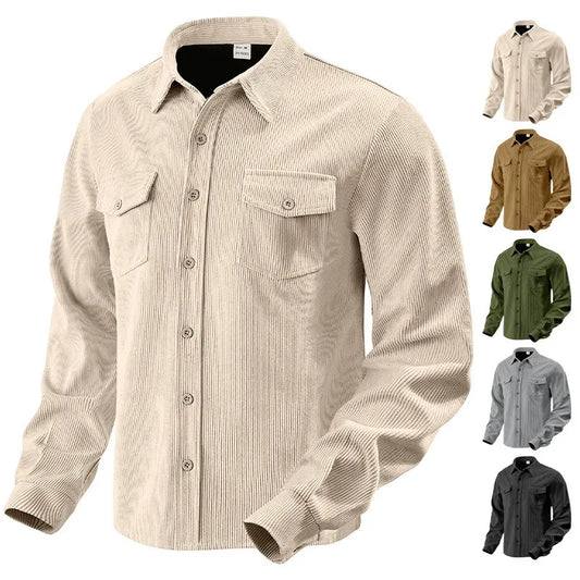 Men's Corduroy Button Down Shirt Casual Long Sleeve Work Shacket with Chest Pockets Fall Winter Fleece Lined Top