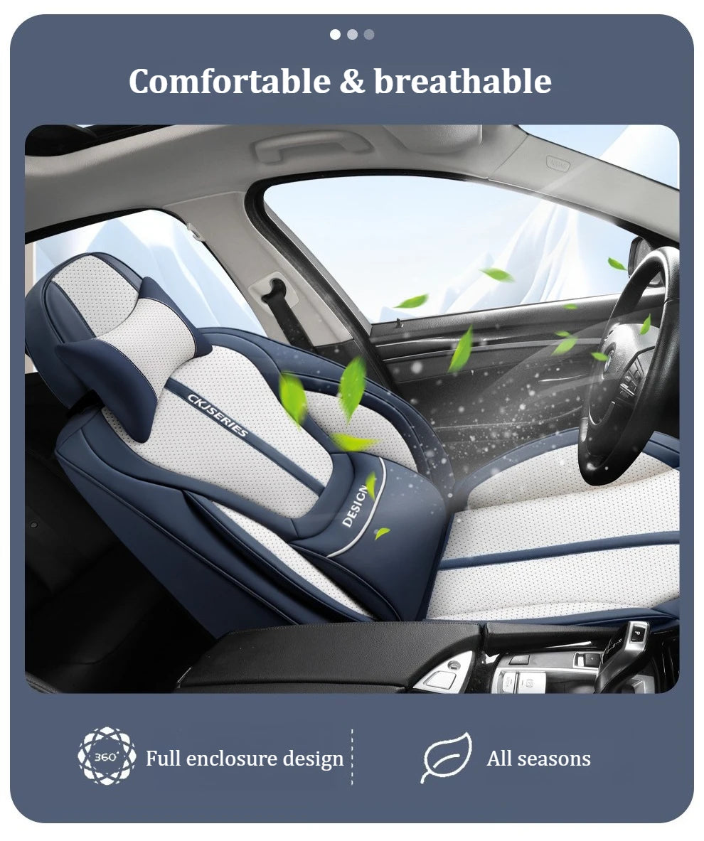 Premium PU Leather Auto Seat Covers Set with Built-in Lumbar Support +2 Headrest Covers +1 Steering Wheel Cover Comfortable
