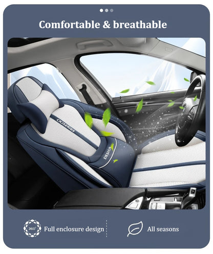 Premium PU Leather Auto Seat Covers Set with Built-in Lumbar Support +2 Headrest Covers +1 Steering Wheel Cover Comfortable