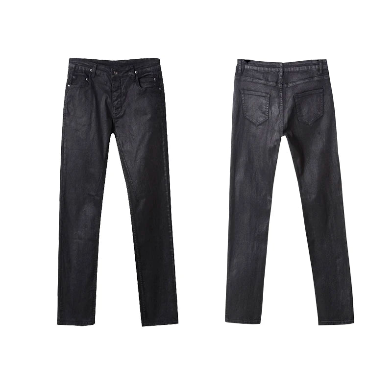High Street Dark RO Denim Pants Men's Youth Leisure Coating Wax Surface Slim Fit Small Leg Denim Pant Streetwear Retro