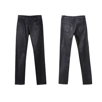 High Street Dark RO Denim Pants Men's Youth Leisure Coating Wax Surface Slim Fit Small Leg Denim Pant Streetwear Retro
