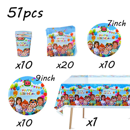 Cocomelon Birthday Party Decoration Tableware Set Birthday Cup Plate Napkin Tablecloth Cake Topper Balloon Party Favors Gifts
