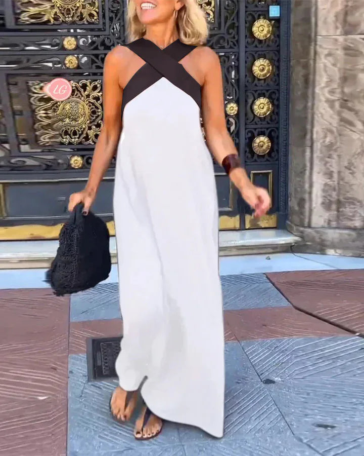 Women's Long Cross Dress Skirt European Style Mid-Waist A-Line Dress Polyester Fabric No-Sleeve Business Wear Single Piece