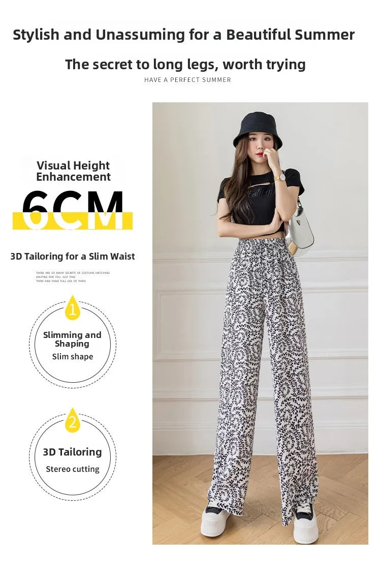 Summer Casual Loose Wide Leg Pants Women's Tie Dye Ink Ice Silk Loose Leopard Print Ethnic Style Long Pants Casual Trousers