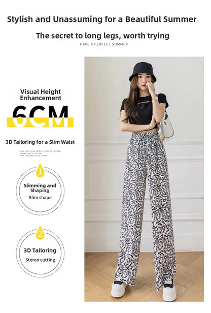 Summer Casual Loose Wide Leg Pants Women's Tie Dye Ink Ice Silk Loose Leopard Print Ethnic Style Long Pants Casual Trousers