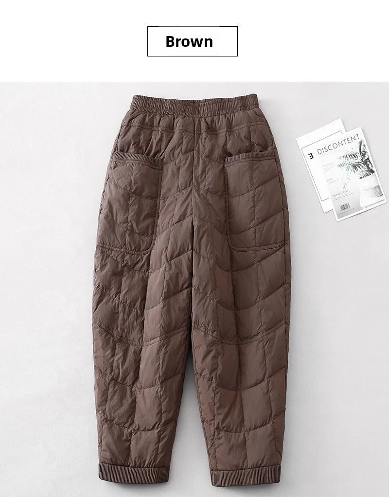 Women's Quilted Pants Casual Lightweight Thickened Warm Harem Style Straight Leg High Waist Long Trousers Winter Fashion