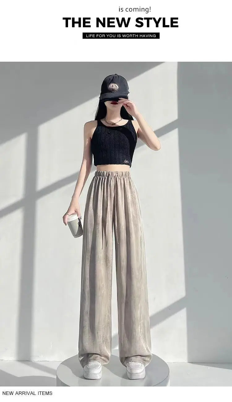 Summer Thin Ice Silk Satin Dyed Wide Leg Pants Women Loose Casual Drape High Waist Slimming Pants Ins Straight Leg Elastic Wa...