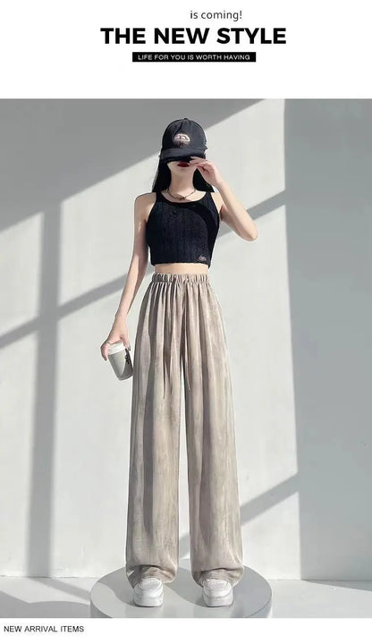 Summer Thin Ice Silk Satin Dyed Wide Leg Pants Women Loose Casual Drape High Waist Slimming Pants Ins Straight Leg Elastic Wa...