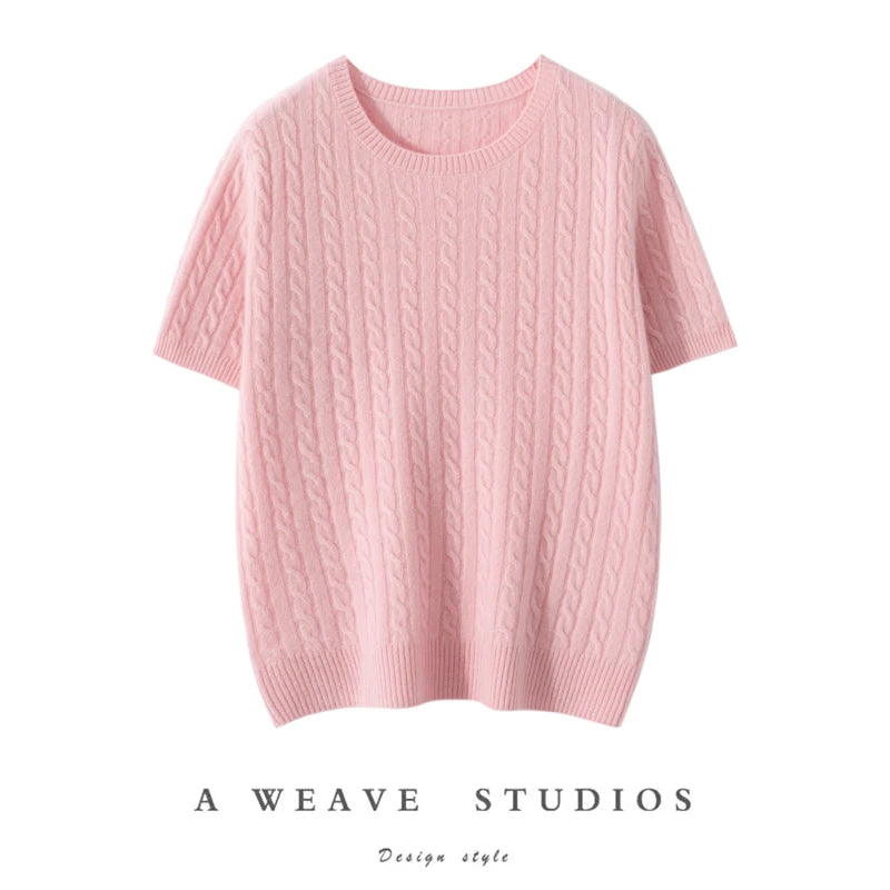 100% Pure Cashmere Fried Dough Twists Round Neck Solid Short Sleeve Women's High Quality Luxury Pullover Sweater Spring Autumn