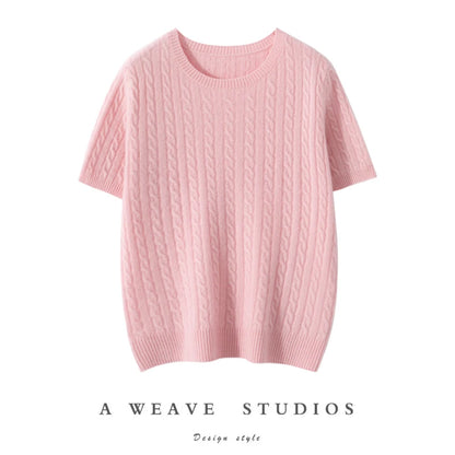 100% Pure Cashmere Fried Dough Twists Round Neck Solid Short Sleeve Women's High Quality Luxury Pullover Sweater Spring Autumn