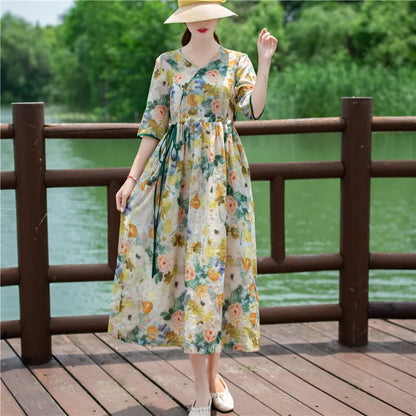 Women's Long Skirt Drawstring Waist Hemp Print A-Line Dress Korean Style Commute Flower Pattern V-Neck Summer Dress