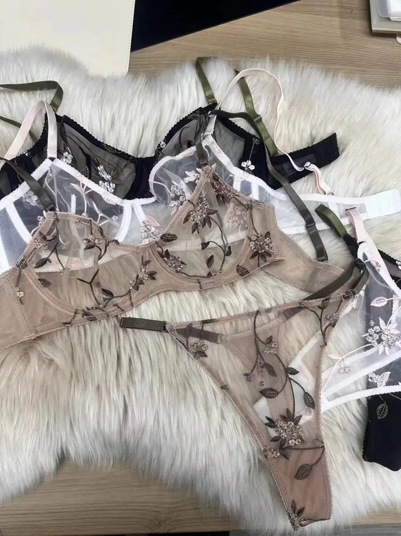 Sexy Soft Mesh Bra Set, Embroidered Ultra Thin T Back,Comfortable Transparent Lingerie for Women, Slimming Breathable Inner Wear