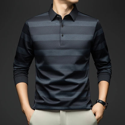 BROWON Elegant Mens Polo Shirts 2026 Spring Autumn Long Sleeve Lapel Collar Big Striped Pattern T-shirt Male New in Tops & Tees