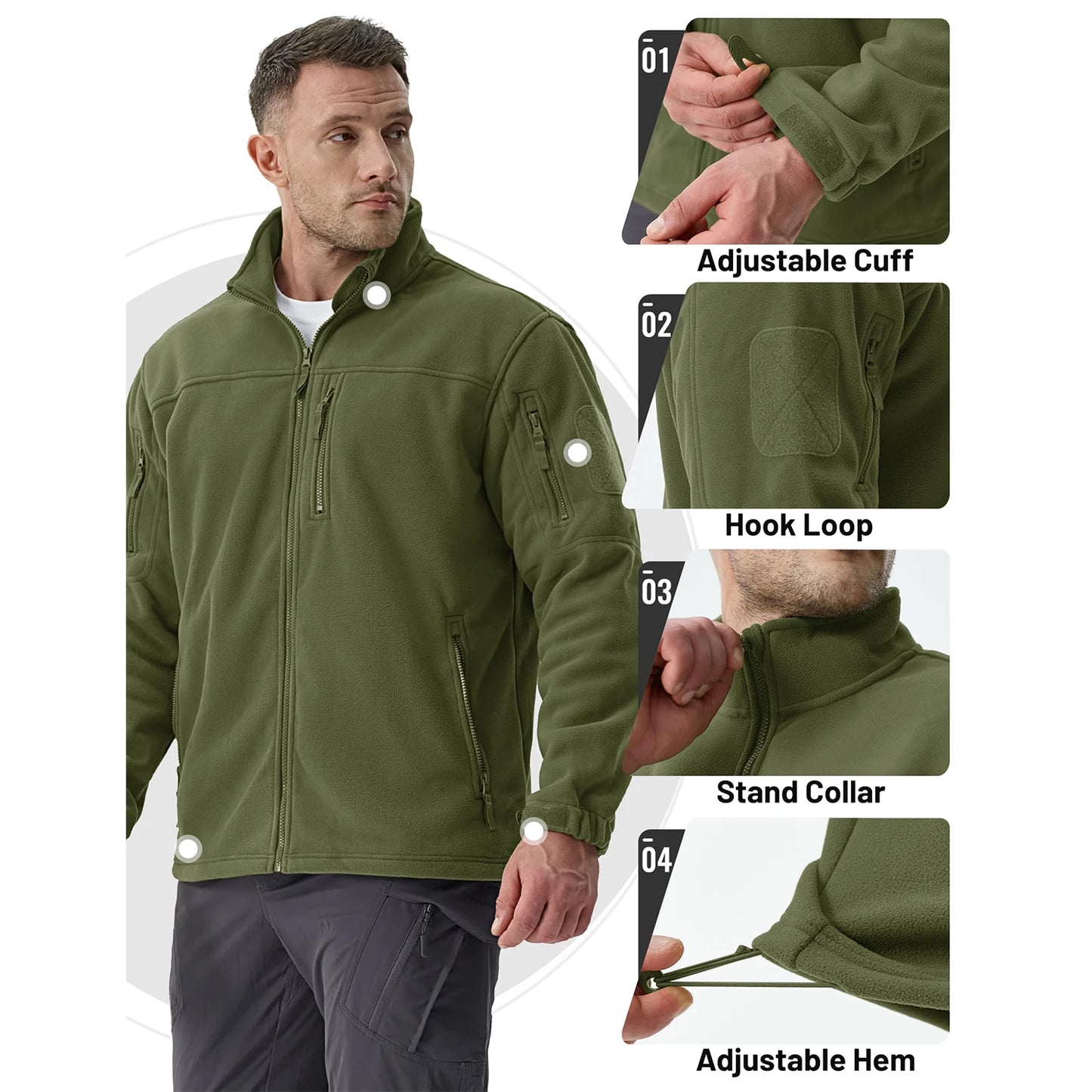 TACVASEN Full Zip Up Green Fleece Jacket Thermal Warm Work Coats Mens Zipper Pockets Jacket Hiking Training Outwear Windbreaker