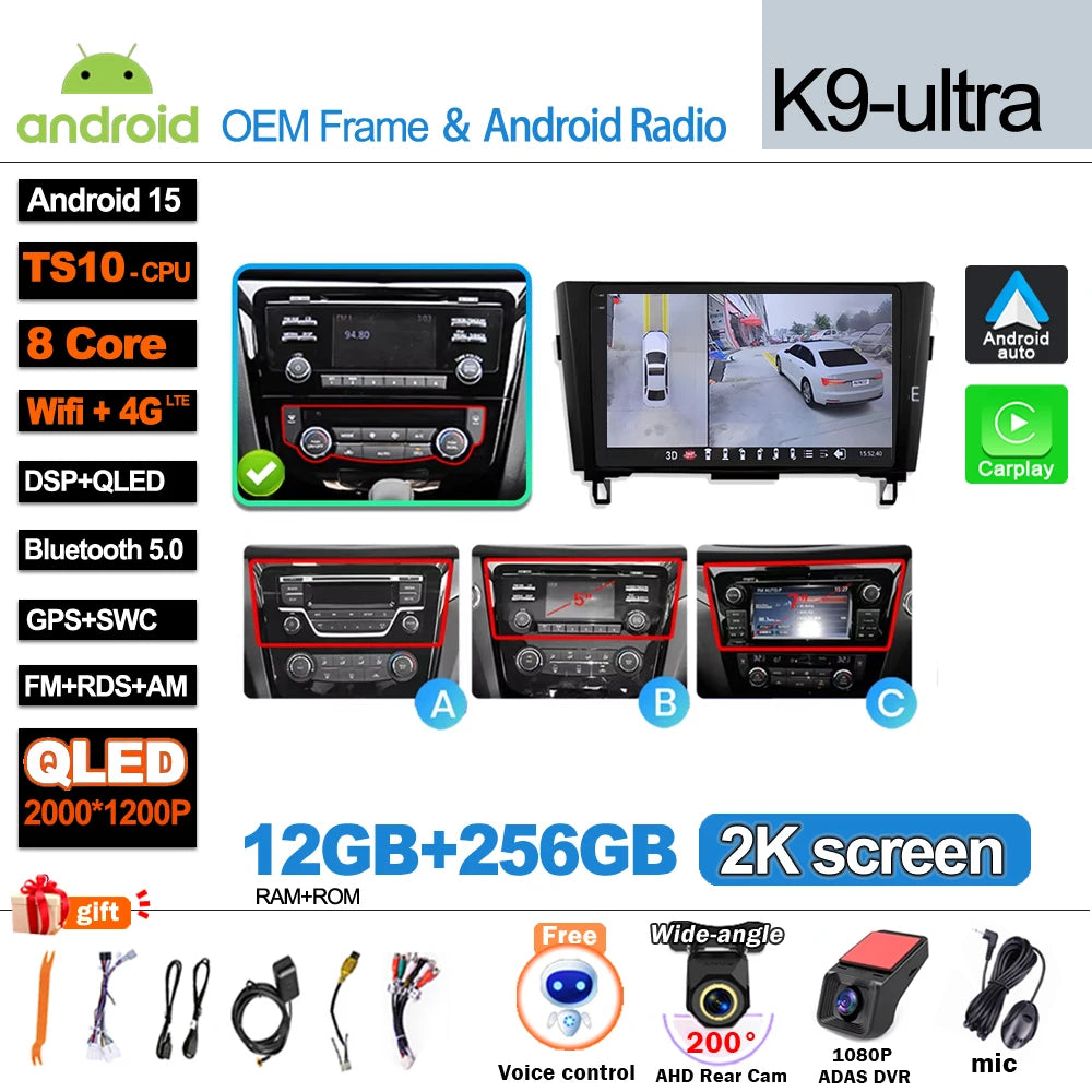 Car Radio For Nissan X-Trail Qashqai 2 J1T32 Qashqai J10 J11 2014 2015 2016 2017 2018 2019  Wireless WIFI GPS Carplay Auto DVD