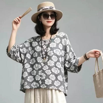 Floral Loose Top Women Summer Casual Short Sleeve T-shirt LX5849