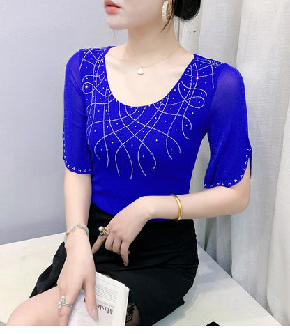 2026 Spring Summer Mesh Tops Korean Fashion Diamond T Shirt Slim 3/4 Sleeve Hollow Out Casual Women Shirt