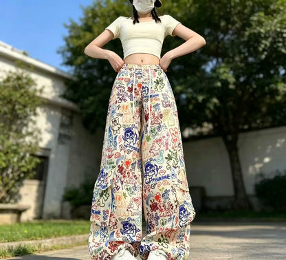 Y2K Cartoon Graffiti Wide Leg Pants - Colorful Print Drawstring High Waist Loose Streetwear Trousers for Women