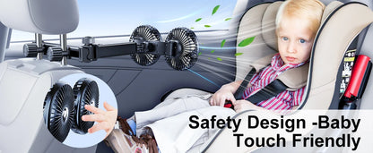 Hipacool Extension Arm Dual-Head Fan for Car Headrest 360° Rotation Air Cooling Fan Angle Adjustable 3-Speed Wind Brushless Fan