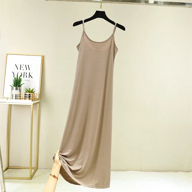 Summer Thin Ice Silk A-Line Dress Women's Casual Long Gown Inner Wear Vest Dress plus Size Korean Style Loose Waist Design