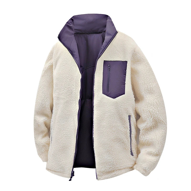 Outdoor Double-sided Lambskin Cotton-padded Jacket for Men, Winter Cotton-padded Jacket with Thickened Down and Lambskin Down