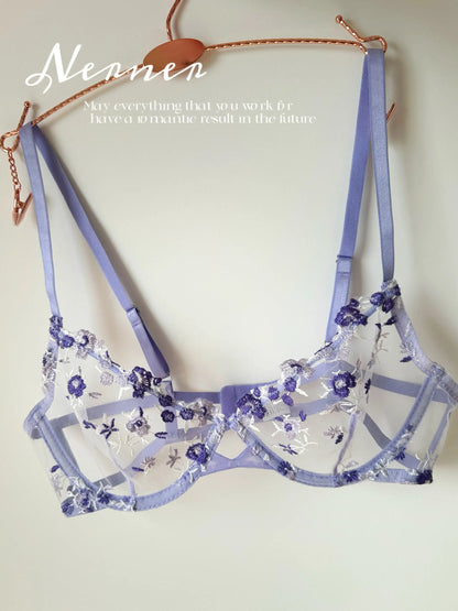 Sexy Floral Embroidery Mesh Bra Set Sweet Sheer Lace Lingerie Soft Comfort Breathable Underwear Suit Party Dating Daily Wear Bra