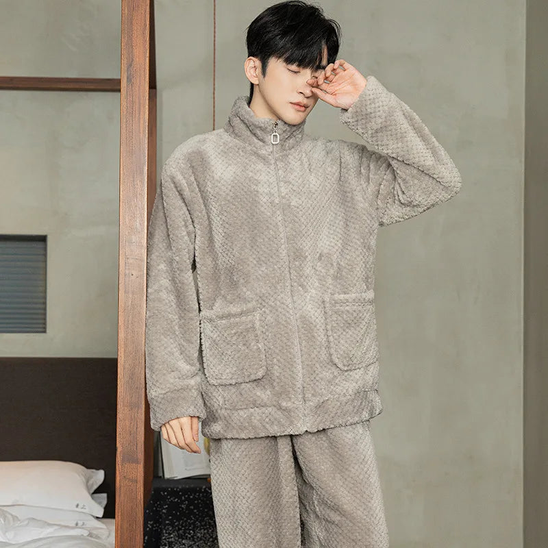 2025 New Couple Sleepwear Men's Autumn Winter Stand Collar Zipper Thick Long Sleeve Coral Fleece Home Clothes Men's Pyjamas