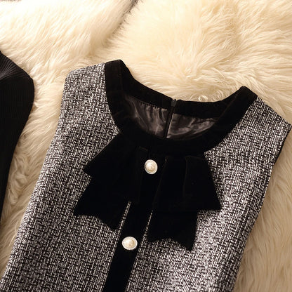 Spring Autumn Winter Tweed Color Block Vest Skirt Set  Knot Elegant Fashionable Two Piece Set Women's Luxury Style