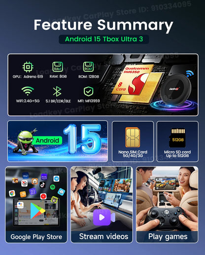 Carlinkit Ultra3 Android Tv Box Android 15 Wireless Carplay Adapter QCM6350 Smart Car Ai Box Carplay For Netflix Youtube 5G LTE