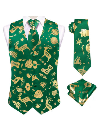Men's Christmas Print Vest 3-Piece Set: Vest, Tie, Pocket Square, Red Blue Green Yellow for Holiday Parties