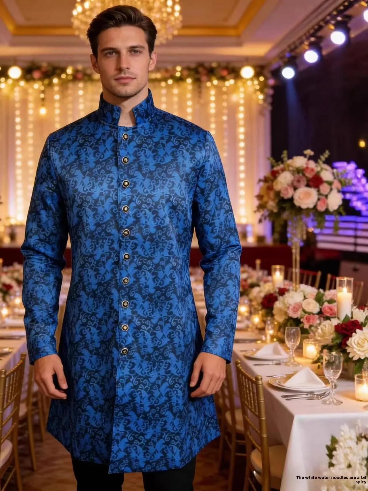 Medieval Men's Kurta Sherwani Jacket Shiny Wedding Robe  Collar Ethnic Clothing Polyester Fiber 100% Printed Design