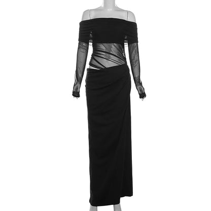 Nibber Sexy Dress Women 2025 Spring Patchwork Mesh Elegant Slash Neck Ruched Fit Chic Birthday Party Festival Vacation Vestidos