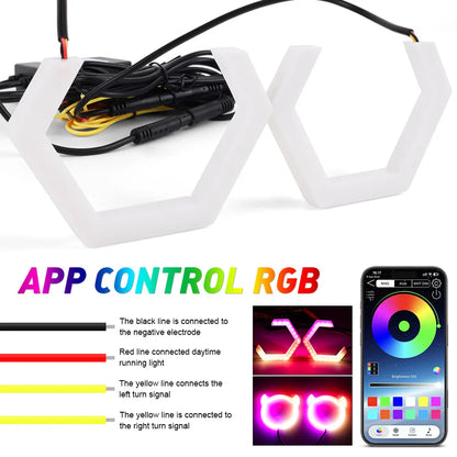 2PCS LED Angel Eyes RGB APP Bluetooth Hexagon Halo Rings For Car Scooter Motorcycle With Turn Signal Yellow 70MM 80MM 85MM 90MM