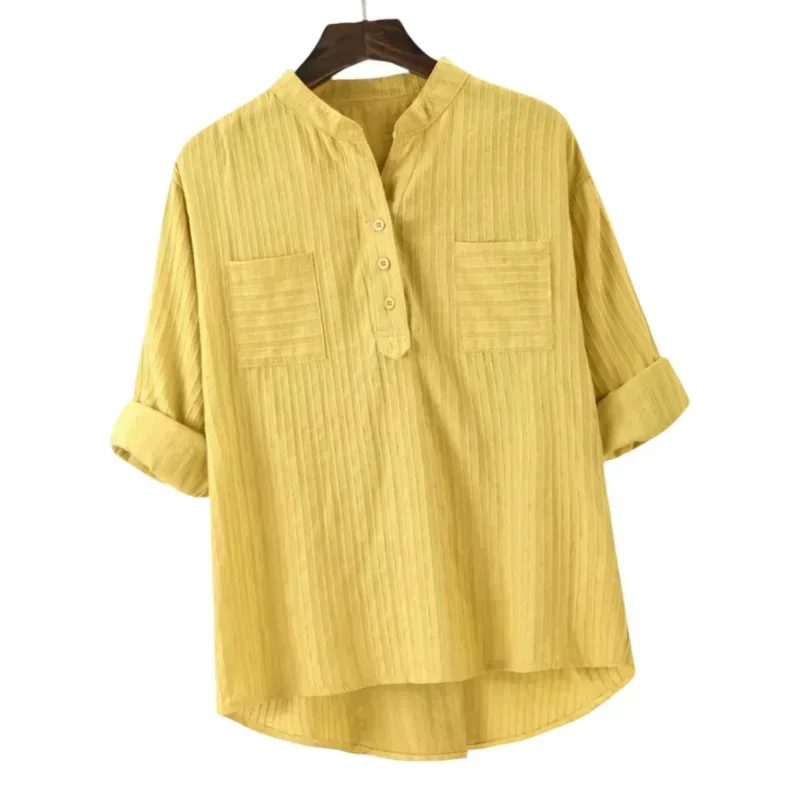 Plus Size Shirts Women's Cotton Tops Mujer Office Long Sleeve New Korean Loose Casual Vertical V-neck Shirts Top Blusas De Mujer