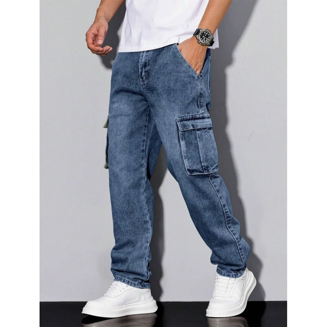Men's Loose Fit Casual Jeans Workwear Multi-Pocket Straight Leg Pants Versatile Pocket Design for Comfortable Wear
