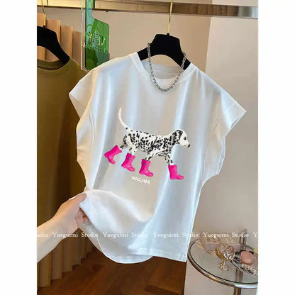 Fashionable Pure Cotton Sleeveless Dog Print Tank Top Women's Summer Design Korean Style Loose Fit Quick Dry round Neck T-Shirt