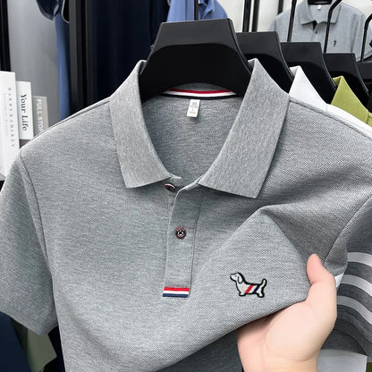 High end 100% cotton short sleeve polo shirt men luxury brand cute dog design Korean casual summer golf fashion striped T-shirt
