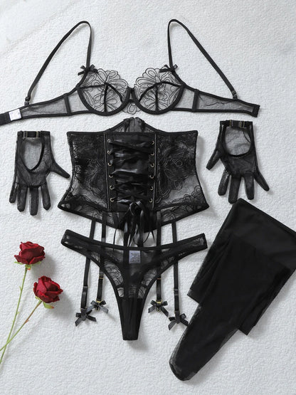 Belamimi Women's Lingerie Sets  Corset Thong 5PC Set Sexy Hot Strapless Lace Fancy Deep V-neck Women Underwear