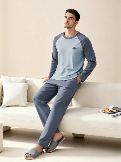 Men's 100% cotton long sleeved four season plus size men's sleepwear, teenage pure cotton home suit set for warmth