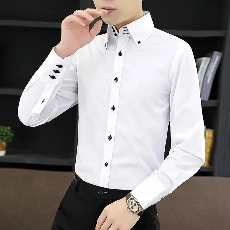 Men Designer Dress Shirt Button-down Collar Korean Fashion Male Formal Business Slim Fit Casual Long Sleeve White Shirts Autumn