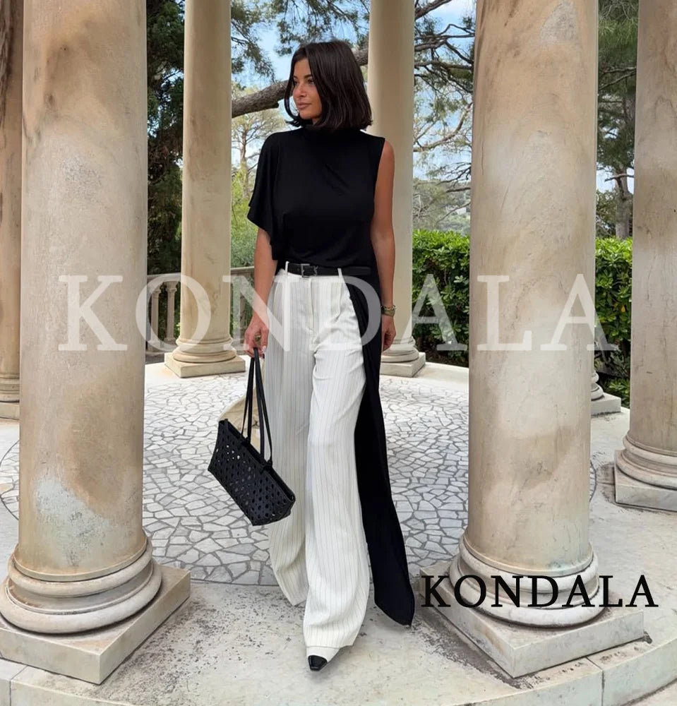 KONDALA Unique Chic Asymmetrical Hem Tops Women Elegant High Neck Long Tops 2026 Spring Summer Trendy High Street Lady Long Tops