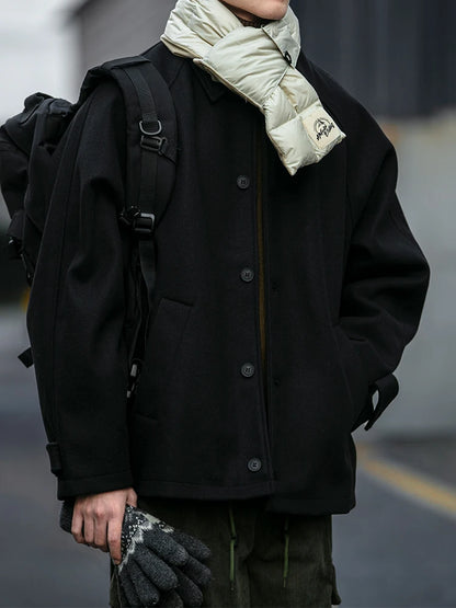 American Retro Loose Men's Woolen Jacket Thickened Casual Short Cotton Coat for Autumn Winter Versatile Warm Flannel Coat